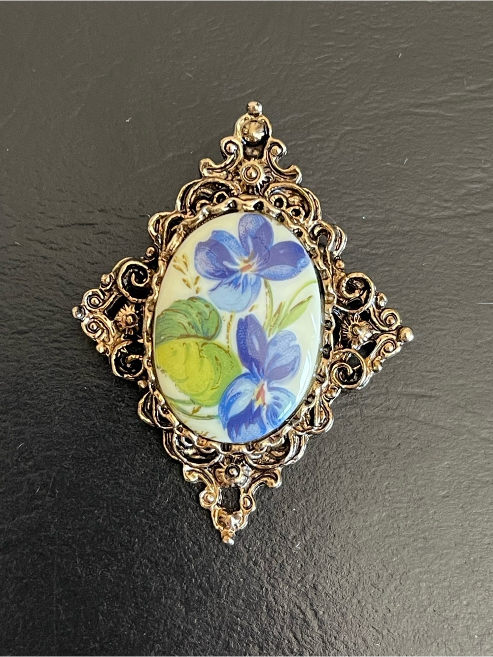 Vintage Blue Floral Filigree Brooch or pendant